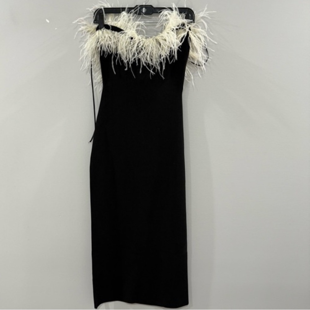 Staud Dress Nellie Midi Feather Trim in Black Ivory - Picture 4 of 4